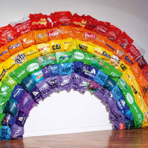 alberto-borea Rainbow, The End, 2011/2017 Advertising plastic bags on fiberglass structure 102.4 × 200.8 × 5.9 in (260 × 510 × 15 cm) Exhibited in RETROSPECTIVA | ALBERTO BOREA | 1979–2020: Arqueologías del presente y poéticas de la ciudad, ICPNA, Lima, Peru