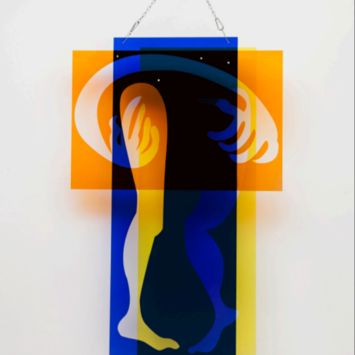 Sibila en la Forma de un Sueño de Enamoramiento de Naranja y Cielos azules, 2021 Acrylic and hardware 41.34 x 64.88 in (105 x 164.8 cm)