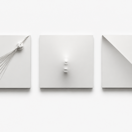 Quipus and Tension 31 B1, 1963 Acrylic and knotted fabric on wood 19 3/4 × 19 3/4 × 1 1/8 in each (50 × 50 × 3 cm, each)