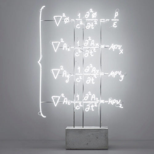 The Totality of Electromagnetic Phenomena (Maxwell’s Equations), 2019 6500K neon, white blown glass, metal structure, concrete base, paint, electricity Approx. 79.52 x 48.42 x 7.48 in (202 × 123 × 19 cm)