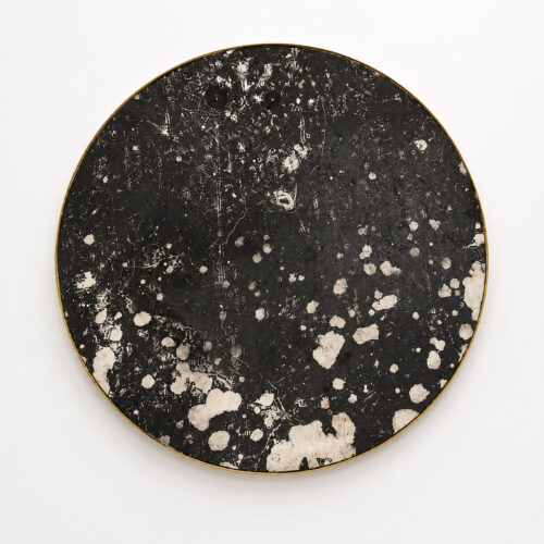 Disco Lunar #2, 2025 Offset ink, sand, and feathers on Kozo maruflado paper mounted on canvas 35 3/8 in diameter (90 cm diameter)