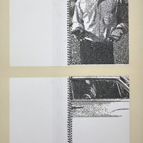Jerry B. Martin, Derrida’s Royal Road Test, 2019-2025 34 typeset drawings on paper, text transcription through carbon paper mediation on rice paper. Images: Royal Road Test. Ed Rausch Text: Copy, Archive, Signature, a conversation on photography, Jaques Derrida 56.7 x 192.9 in / 14.2 x 21.5 in each (framed) 144 x 490 cm / 36 x 54x5 cm each (framed)