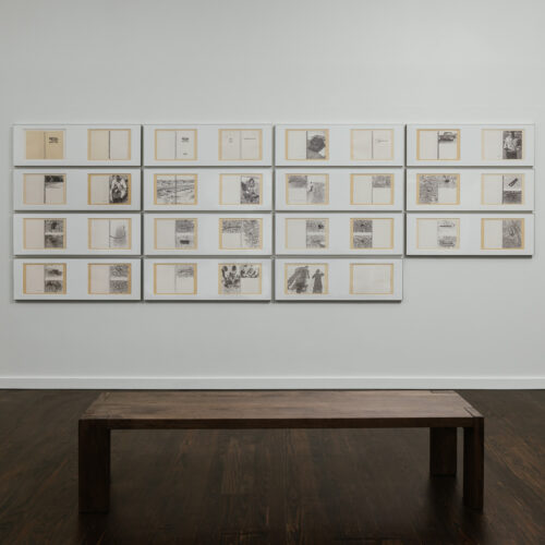 Jerry B. Martin, Derrida’s Royal Road Test, 2019-2025 34 typeset drawings on paper, text transcription through carbon paper mediation on rice paper. Images: Royal Road Test. Ed Rausch Text: Copy, Archive, Signature, a conversation on photography, Jaques Derrida 56.7 x 192.9 in / 14.2 x 21.5 in each (framed) 144 x 490 cm / 36 x 54x5 cm each (framed)