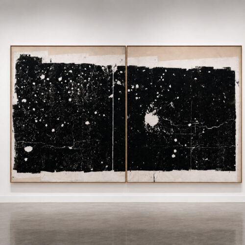Stellar #3 (Republican Guard Dining Room), 2014 Offset ink, sand, and feathers on Kozo maruflado paper mounted on canvas Presented at the Poli/Gráfica Triennial of San Juan