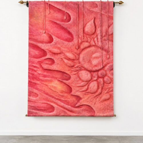 Flesh is a portal, Chronic Transcendence I, 2023-2024 Silicone, fiberglass, pigments and silicone paint, metallic bars, metallic structures 64.96 x 47.24 in (165 x 120 cm)