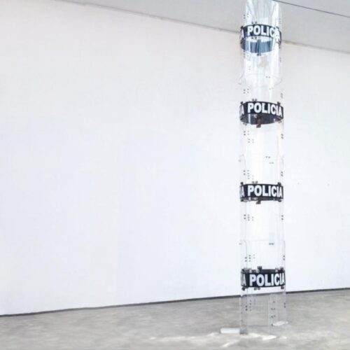 alberto-borea Untitled, 2020 Sculpture of intervened police shields 189 × 39.4 × 39.4 in (480 × 100 × 100 cm)