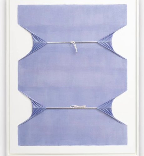 Atadura 01 03 Lila de agua azul, 2023 Acrylic, cotton string and sealant over wooden board, 39.37 × 31.5 in (100 x 80 cm)