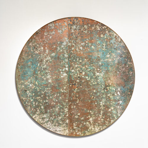 Giancarlo Scaglia, Titán, 2025 Mixed media, copper pigments and oxide on Japanese paper mounted on tocuyo fabric, bronze frame. 68.9 in / 175 cm diameter.