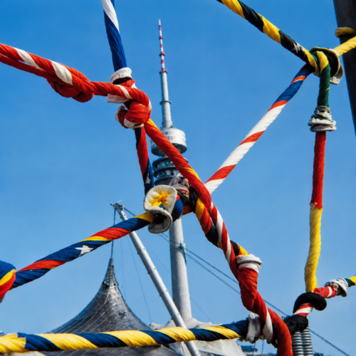 Grand Quipus of the Nations Tension of knotted flags Installation at the Munich Olympic Games, 1972