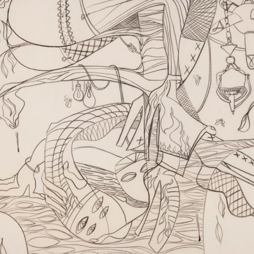 Ecdysis Cradle with Antique Lamps, 2019 Charcoal on canvas 62.72 x 69.02 in (159.3 x 175.3 cm)