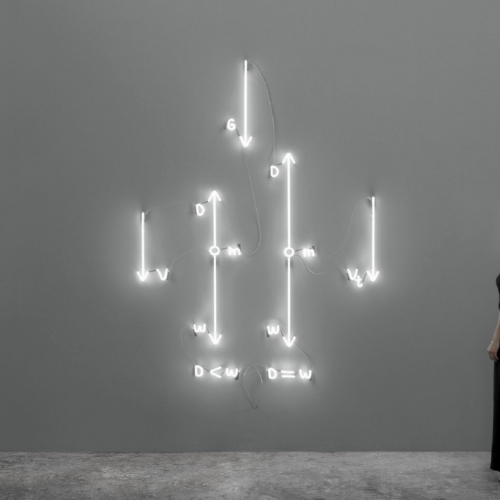 Time is the Enemy #9 (Study on Terminal Speed), 2021 6500K neon, white blown glass, paint, electricity Approx. 84.25 x 62.99 x 1.97 in (214 × 160 × 5 cm)