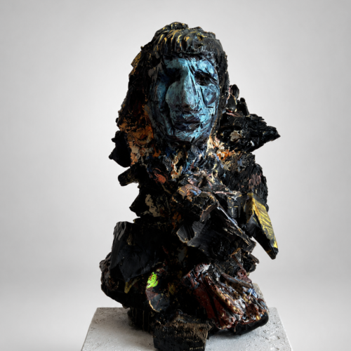 Grand Téte 2014 Charcoal, epoxy adhesive 39.4 x 35.4 x 33.5 in (100 x 90 x 85 cm)