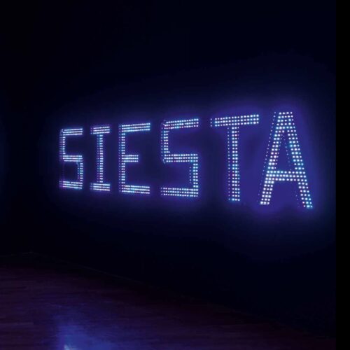 alberto-borea Fiesta – Siesta, 2018 / 2022 LED lights and wood structure 129.1 × 31.1 × 7.1 in (328 × 79 × 18 cm) Exhibited in RETROSPECTIVA | ALBERTO BOREA | 1979–2020: Arqueologías del presente y poéticds de la ciudad, ICPNA, Lima, Peru