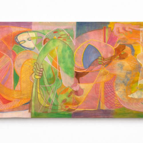 Time Travelling Chimeras, with Chicken Legs and Ruffled Underfeathers, 2025 Acrylic on canvas 51.18 x 86.61 in (130 x 220 cm)