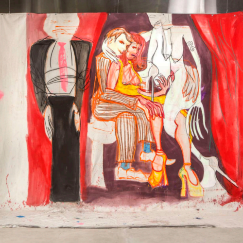 She’s so wet, 2017-2018 Oil, airbrush, acrylic, oil stick, dry pastel, crayon on canvas 116.93 x 122.44 in (297 x 311 cm)