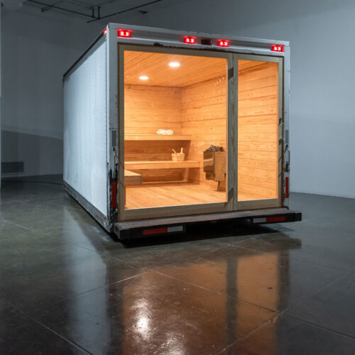 The Sunset Road. Sauna-Truck, 2023 Commercial truck box, Texas yellow pine, sauna heater, rocks, lights, sauna accessories 300 x 96 × 78 in ( 762 x 243.8 × 198 cm) View of the exhibition The Sunset Road. Sauna-Truck, Artpace, International Artist-in-Residence