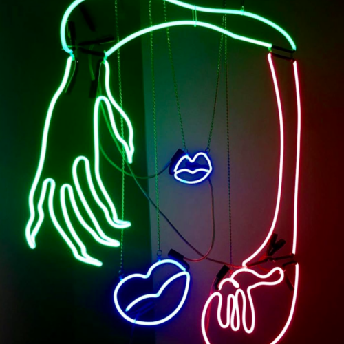 Greenie Meanie Ego Sweetie Gifting Ice Cube Kisses, 2017 Neon and hardware 78 x 78 in (198.2 x 198.2 cm)