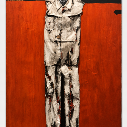 Agonia – Scandal, 1963 Cotton coverall and acrylic on canvas 55 1/8 × 47 1/4 in (140 × 120 cm)