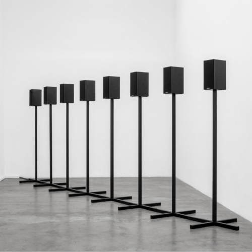 A Cube, a Sphere and a Pyramid #1, 2011 Ultrasonic audio track, loudspeakers, two-part metal speaker stands, amplifier Dimensions variable Installation view at Revolver Galería, Lima