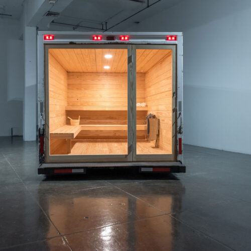 The Sunset Road. Sauna-Truck, 2023 Commercial truck box, Texas yellow pine, sauna heater, rocks, lights, sauna accessories 300 x 96 × 78 in ( 762 x 243.8 × 198 cm) Side view of the exhibition The Sunset Road. Sauna-Truck, Artpace, International Artist-in-Residence
