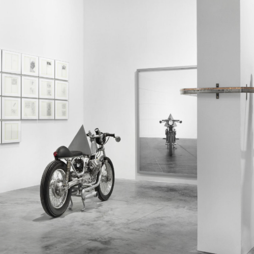 A Few Invisible Sculptures #0 [Silver], 2016 Customized 1978 Moto Guzzi V35 Imola and C-print on archival paper mounted on aluminum Dibond, gray wood frame Approx. 62.2 x 81.89 x 2.76 in (158 × 208 × 7 cm), framed Installation view at NOVA, Art Basel Miami Beach 2016