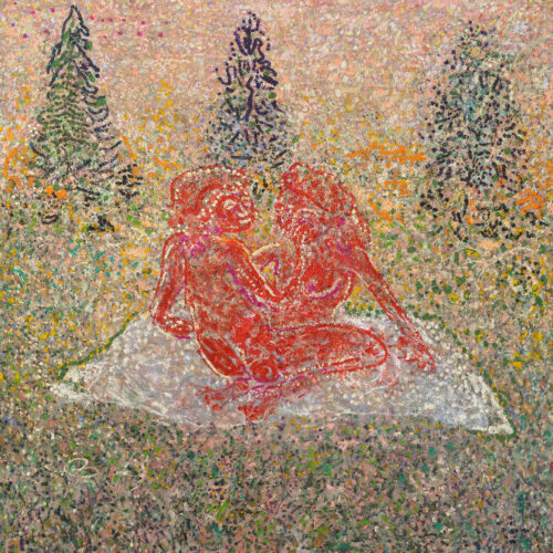 Love scene, 2026 Oil and acrylic paint on chenille, 61 x 53 in.