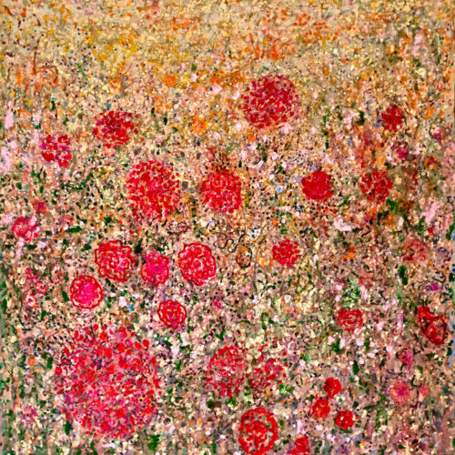 Glandularia peruviana, 2026 Oil and acrylic paint on chenille, 61 x 53 in.