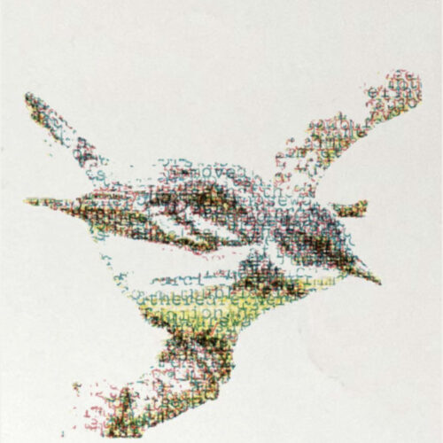 Jerry-B.-MARTIN The Sound of Image, 2025 Typeset drawing; typewritten text on paper using color dot-matrix printer ribbon; wood drawers Detail