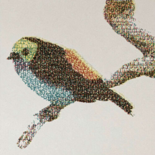 Jerry-B.-MARTIN The Sound of Image, 2025 Typeset drawing; typewritten text on paper using color dot-matrix printer ribbon; wood drawers Detail