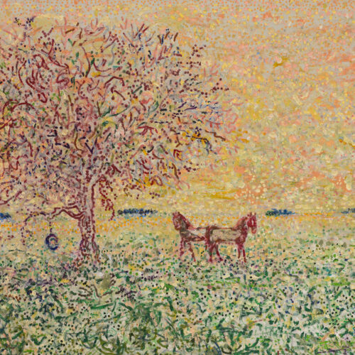 Caballos gemelos, 2026 Oil and acrylic paint on chenille, 53 x 67 in.