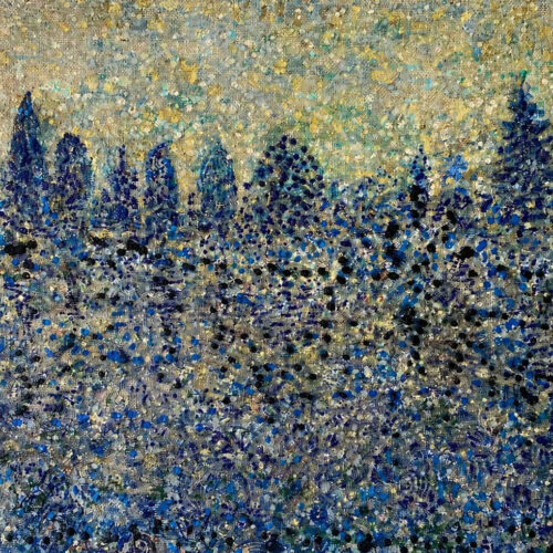 Paisaje azul, 2026 Oil and acrylic paint on chenille, 24 x 31 in.
