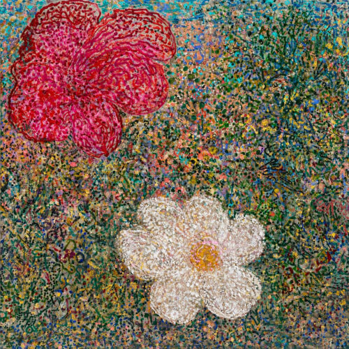 Flores, 2026 Oil and acrylic paint on chenille, 55 x 53 in.