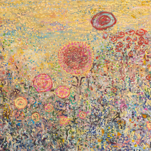 Flores 2, 2025 Oil and acrylic paint on chenille, 47 x 67 in.