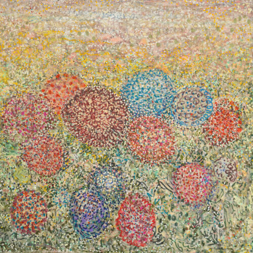 Hortencias, 2025 Oil on chenille, 59 x 55 in.