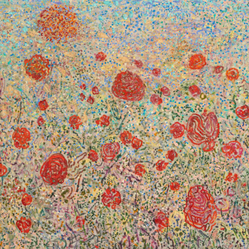 Rosas, 2026 Oil and acrylic paint on chenille, 55 x 53 in.