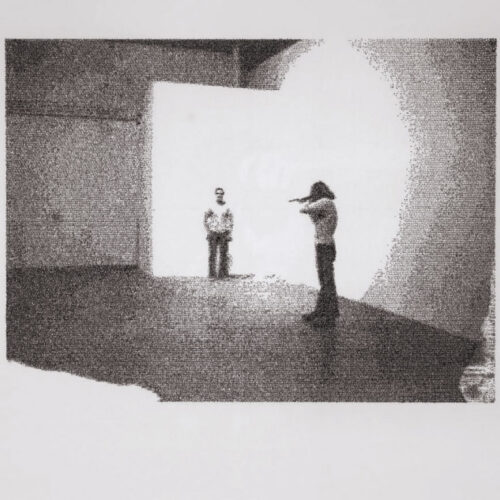 Jerry-B.-MARTIN Shoot (1971, Santa Ana, California); No Innocent Bystanders (2012, New England) 343 Sluts / Burden, 2018 Typeset drawing; transcribed text on paper 11.8 × 16.5 × 1.4 in (30 × 42 × 3.5 cm) Image: extracted from video documentation of Chris Burden’s performance Shoot Text: Manifesto of the 343 Sluts and other selected texts