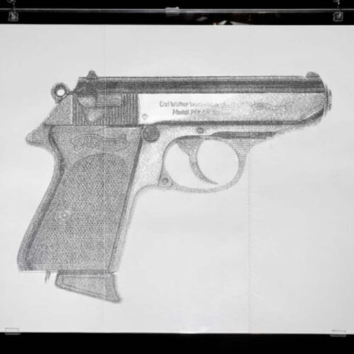 Jerry-B.-MARTIN Renewal & Destruction (Walther PPK), 2010 Typeset text drawing on paper 33.9 × 24 in (86 × 61 cm)