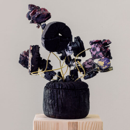 Flowerpot with Flowers, 2026 Charcoal adhesive silicone oil paint bronze, 24 x 24 x 16 in.