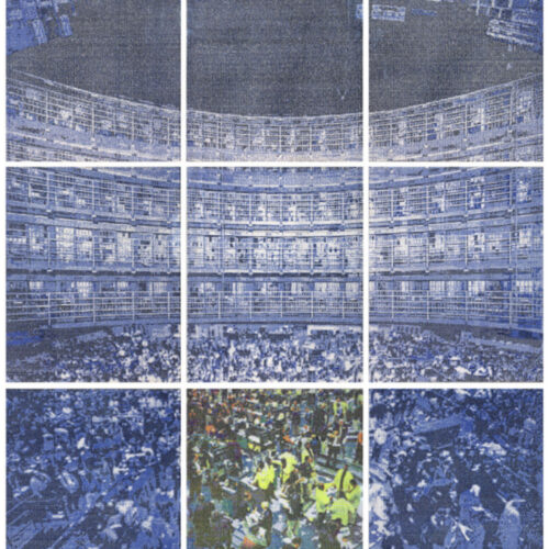 Jerry-B.-MARTIN Trade discipline 1, 2013 Typographic drawing - Transcription of texts on paper. Texts: Michel Foucault - Discipline and Punish, Max Weber - Economy and Society, Deleuze & Guattari - Capitalism and Schizophrenia // Images: Andreas Gursky - Stateville, Illinois; New York Mercantile Exchange 61 × 72.8 in (155 x 185 cm)