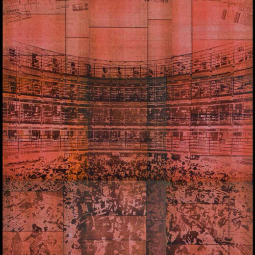 Jerry-B.-MARTIN Trade Discipline, 2013–2022 Typewritten drawing, transcribed text on carbon paper and lightbox Text: Gilles Deleuze and Félix Guattari, Capitalism and Schizophrenia Image: Andreas Gursky, Stateville Illinois; New York Mercantile Exchange 65 × 53.1 × 3.9 in (165 × 135 × 10 cm)